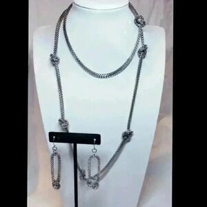 Silver Mesh Love Knott Box Snake Chain & Earrings Hollow Long Set